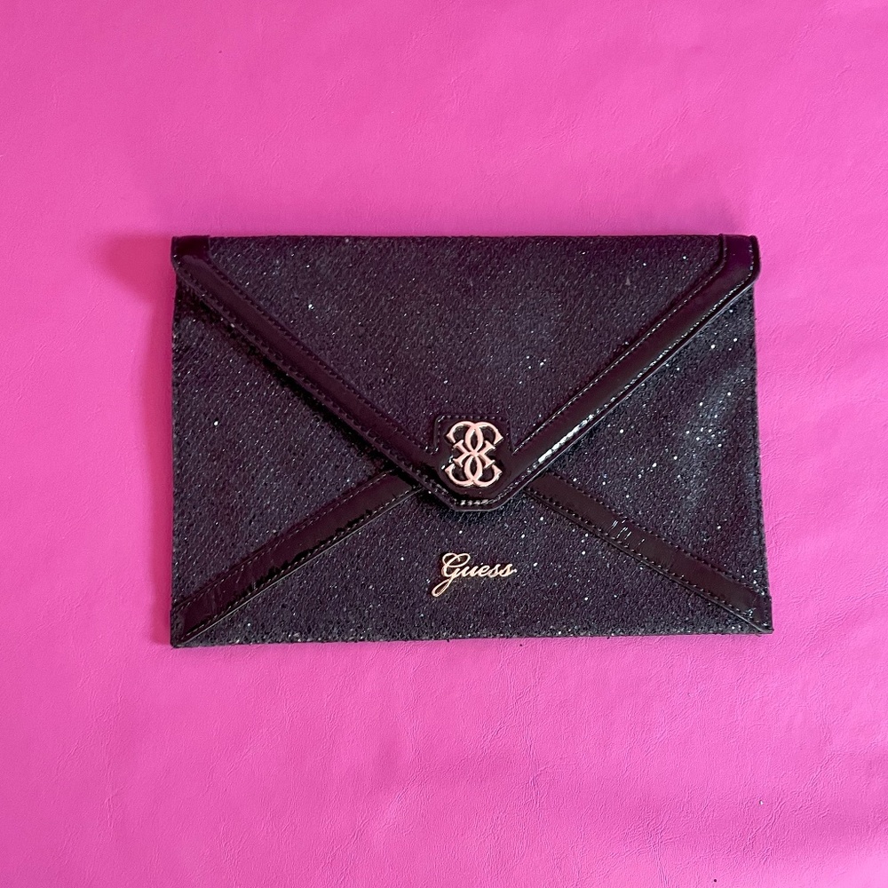 Guess Sparkly Black Evening Envelope Clutch Purse